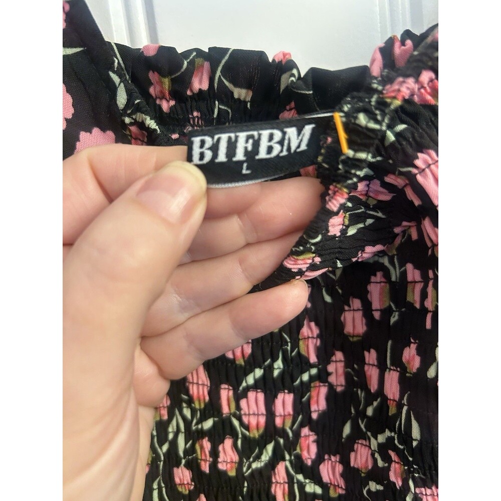 BTFBM Floral Smocked Cottagecore Maxi Dress Puff Sleeve Black Pink Large - Picture 4 of 12